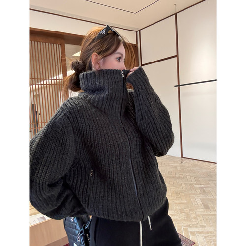 深灰粗棒针立领毛衣外套加厚针织