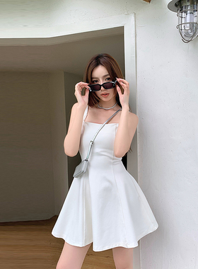 浅布调 高个子a字短裙春夏方领高腰显瘦气质弹力收腰小白裙吊带裙