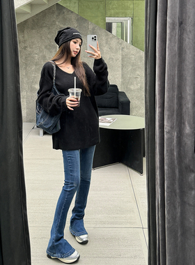 浅布调春秋中腰弹力修身显瘦喇叭裤深蓝牛仔裤马蹄裤高个子超长裤