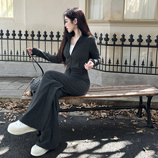 浅布调 秋冬新款修身黑色条纹立领加绒卫衣外套阔腿裤两件套装女