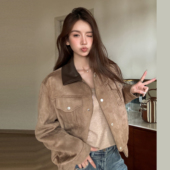 浅布调春季 复古休闲宽松夹克上衣 撞色麂皮口袋短外套女POLO领美式