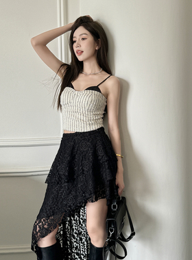 浅布调不规则蕾丝半身裙女2025春夏黑色蛋糕裙设计感高腰中长裙子