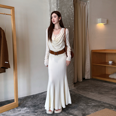 2025秋高级感荡领针织衫+鱼尾裙