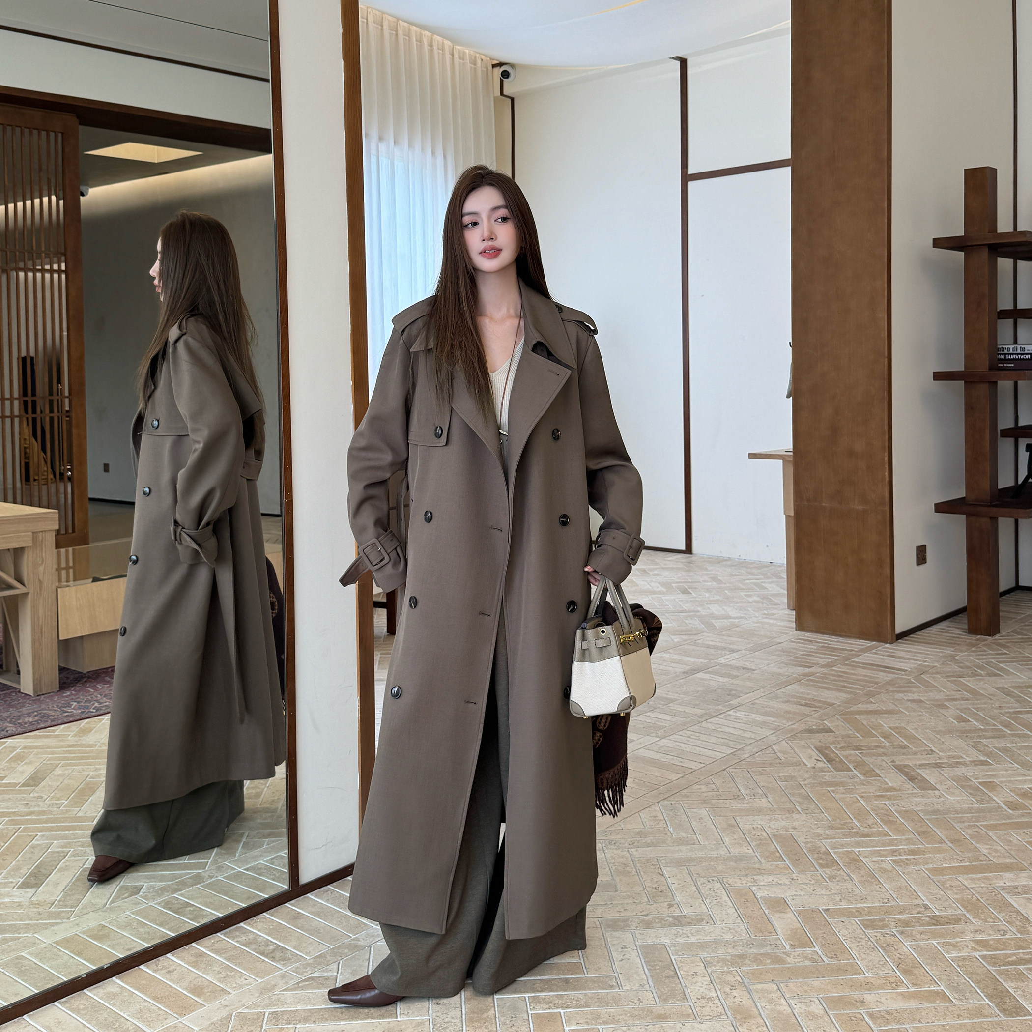 浅布调春秋新英伦复古风气质大翻领双排扣风衣系带廓形长款外套女,女装/女士精品,风衣,淘宝优惠券,粉丝福利购,淘宝优惠卷