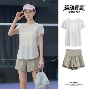 羽毛球服女假两件速干套装短袖防走光运动服显瘦打球服