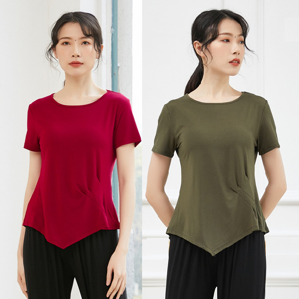 不规则褶皱修身舞蹈练功服女短款形体训练上衣现代广场舞服装成人