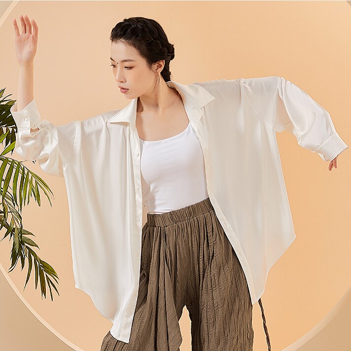 宽松现代舞基训练功服女缎面雪纺衬衫飘逸跳舞上衣成人舞蹈演出装