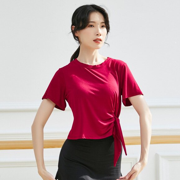 系带舞蹈练功服上衣女现代民族古典舞形体教师服跳舞服装短款修身