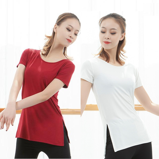 莫代尔形体紧身短袖开叉瑜珈上衣女专业健身舞蹈练功服基训服成人
