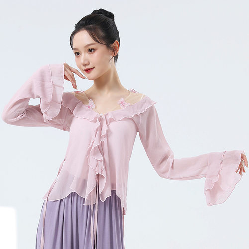 古典舞演出服新款蝴蝶荷叶边喇叭袖上衣成人花仙子纱衣形体身韵服