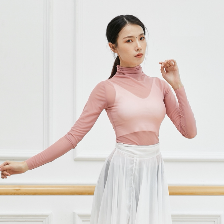 高领弹力网纱修身舞蹈服微透视上衣基训练功中国现代古典舞服成人