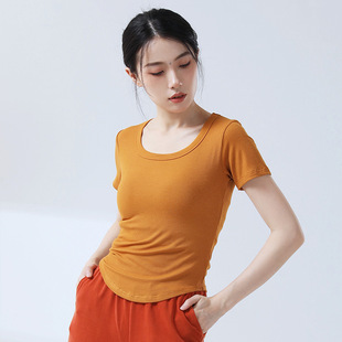 百搭基础款现代爵士舞蹈练功服瑜伽健身运动上衣弧边U领短袖T恤女