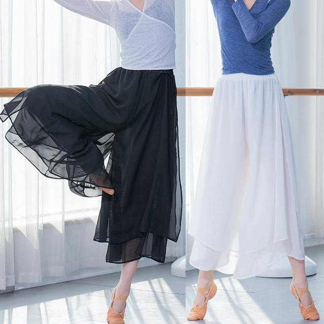 古典现代舞蹈练功裤女双层飘逸雪纺纱裙表演出宽松侧开叉阔腿裤子运动/瑜伽/健身/球迷用品现代舞服装原图主图