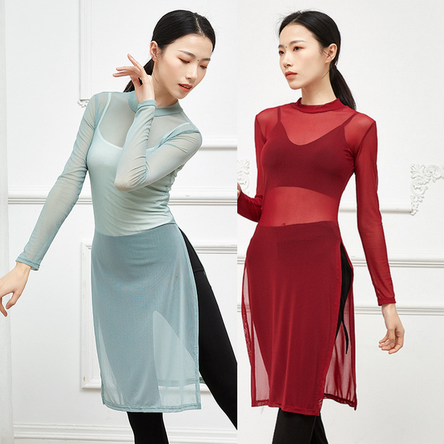长款透视开叉舞蹈裙古典爵士舞练功服网纱上衣形体服装表演成人女