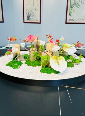 酒店大圆桌子摆花餐桌转盘中间摆件餐厅饭店包间桌面装饰沙盘景观