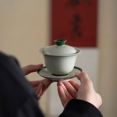 草木灰三才盖碗复古玄纹泡茶器