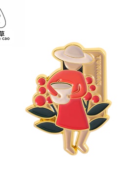 秋日忍冬文艺女孩花卉金属徽章胸针pin配饰橙色精致胸章衣服饰品