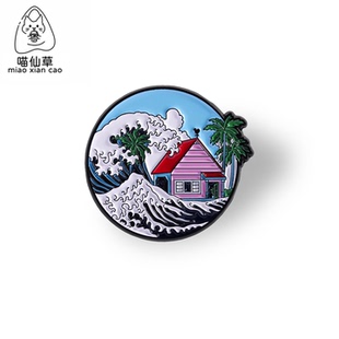 创意海边风景圆形金属徽章胸针海浪椰树房屋个性潮流旅行衣服饰品