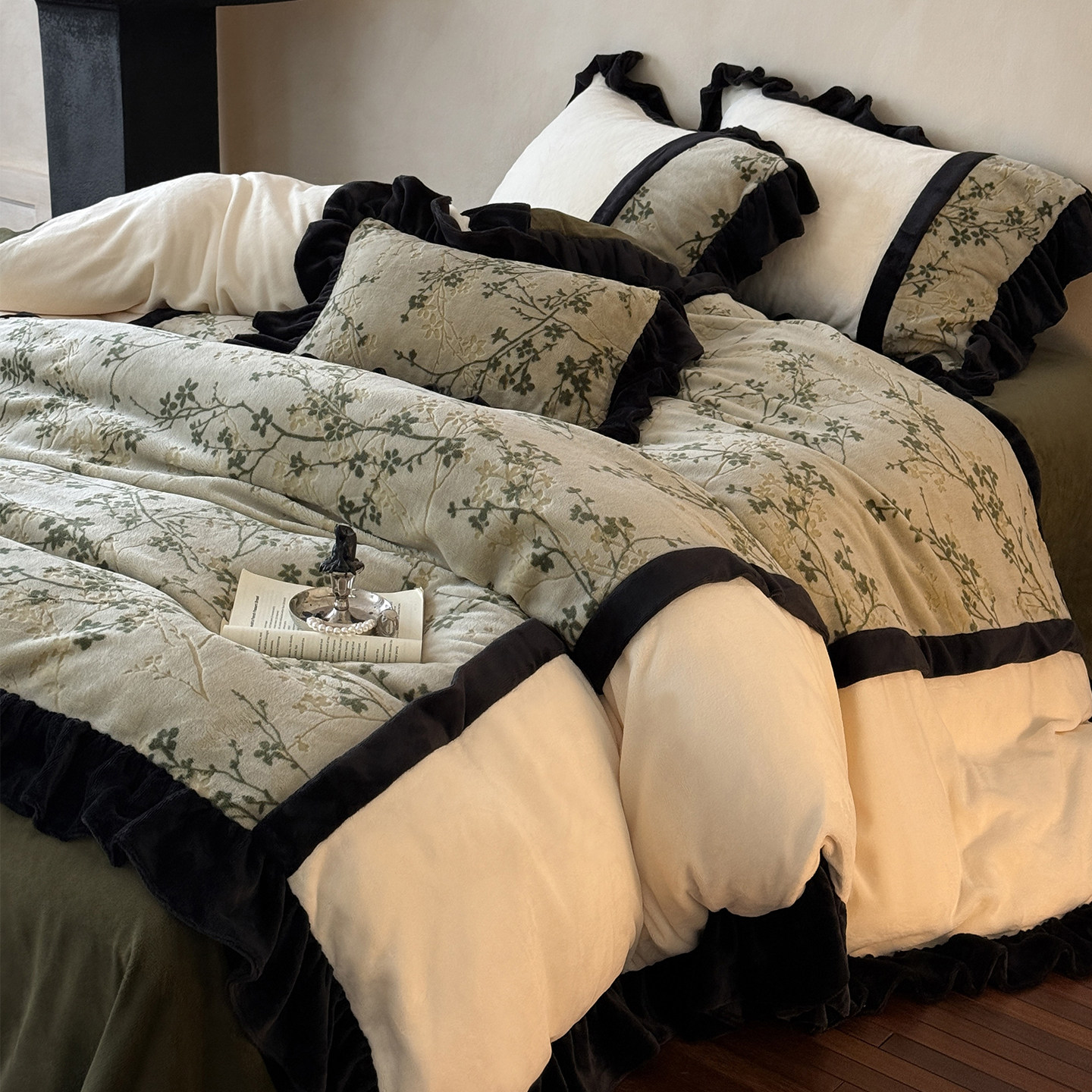 金喜鸟家纺高端法式复古花边牛奶绒四件套冬天加厚保暖双面绒床品