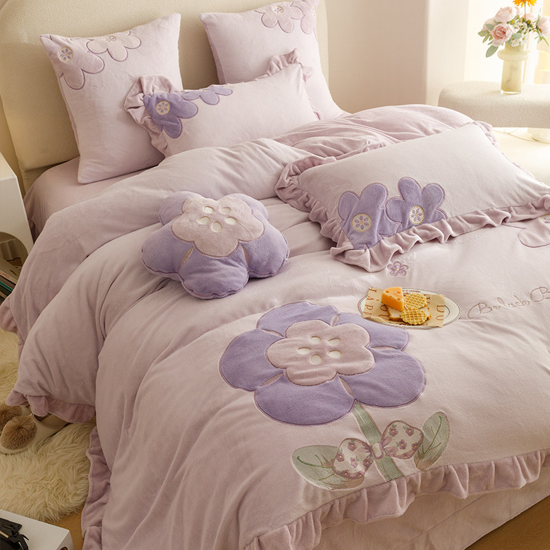 少女心韩式花朵刺绣加厚保暖牛奶绒四件套冬款珊瑚绒家纺床上用品,床上用品,床品套件/四件套/多件套,淘宝优惠券,粉丝福利购,淘宝优惠卷