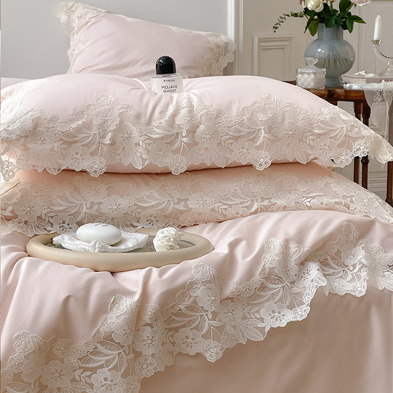 网红女神公主风纯色蕾丝花边四件套全棉纯棉100支长绒棉床上用品