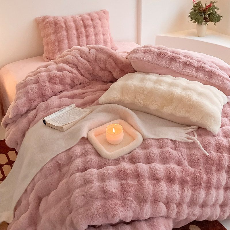 泡泡颗粒兔兔绒保暖牛奶绒四件套冬款珊瑚绒纯色网红被套床上用品,床上用品,床品套件/四件套/多件套,淘宝优惠券,粉丝福利购,淘宝优惠卷