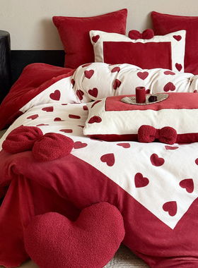婚庆大红色爱心蝴蝶结保暖牛奶绒毛绒四件套2025新款冬季结婚床品