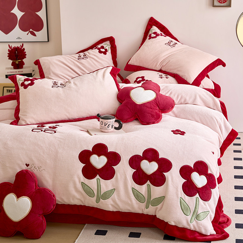 金喜鸟家纺新款红色结婚四件套冬季加厚保暖牛奶绒冬天婚庆床品
