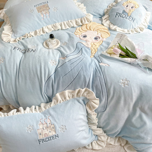 床单四件套牛奶绒卡通刺绣