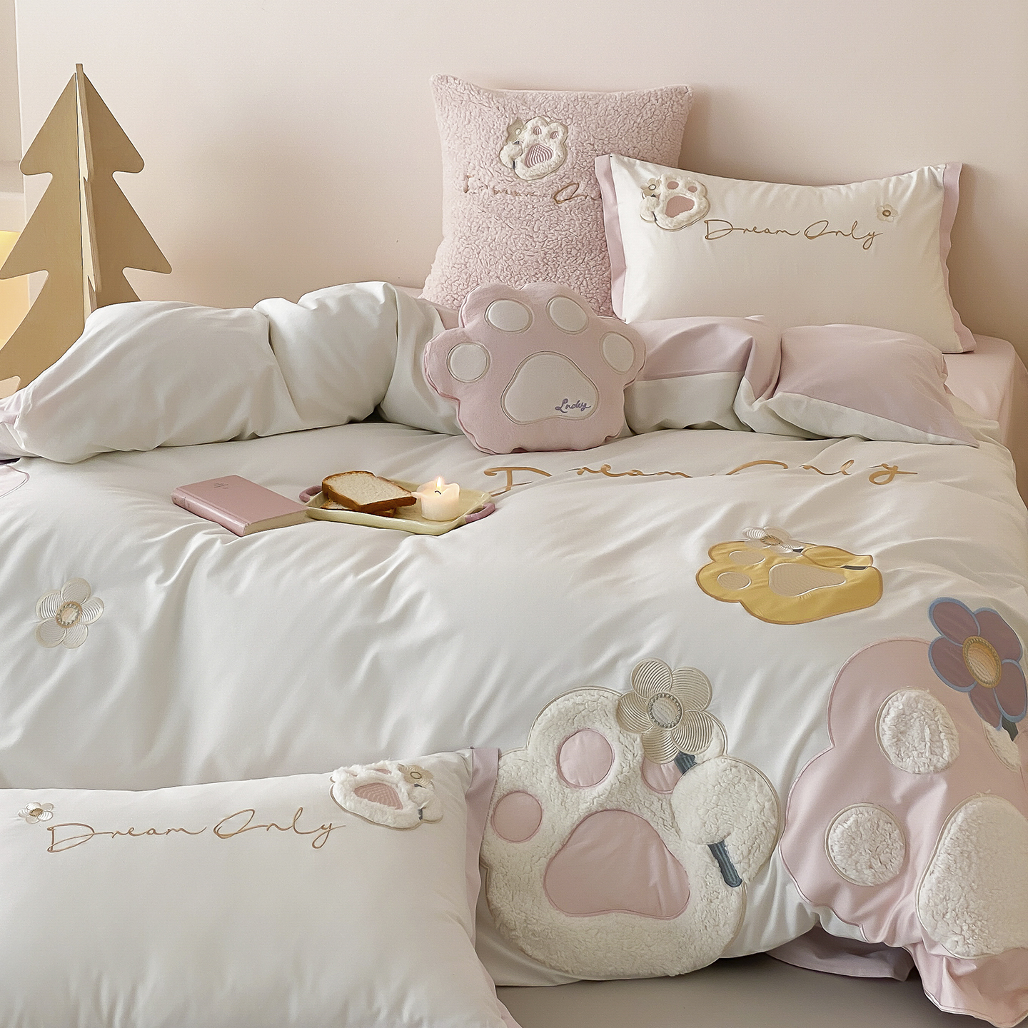 金喜鸟可爱猫爪刺绣四件套全棉