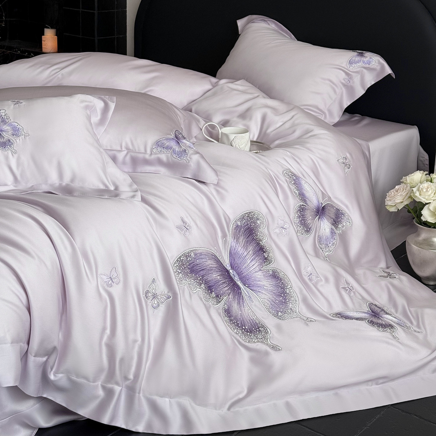 金喜鸟家纺浪漫紫色蝴蝶被套公主风四件套纯棉全棉高级感100s新款,床上用品,床品套件/四件套/多件套,淘宝优惠券,粉丝福利购,淘宝优惠卷