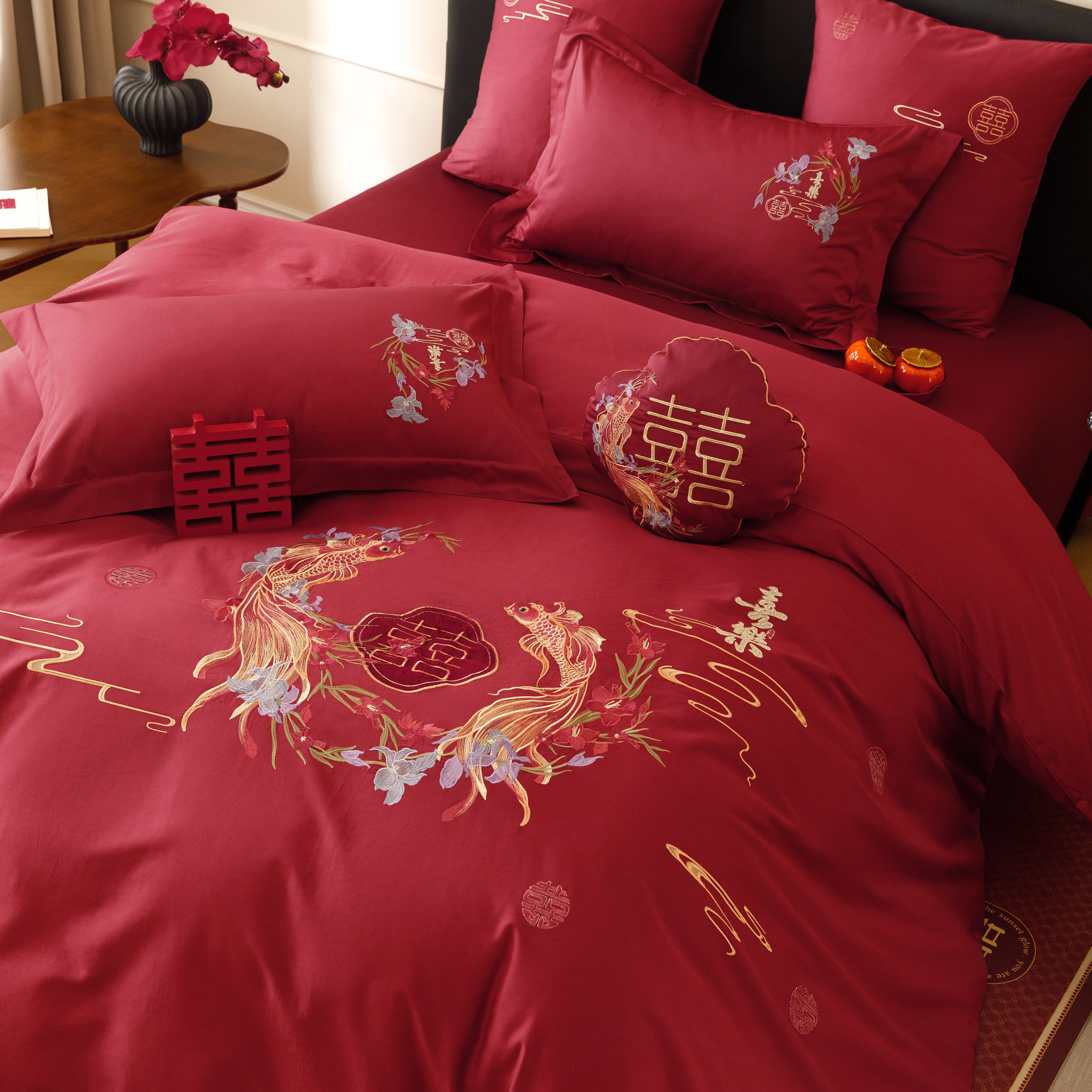 吉祥锦鲤中式婚庆四件套纯棉全棉大红色刺绣结婚陪嫁婚礼床上用品,床上用品,婚庆床品套件,淘宝优惠券,粉丝福利购,淘宝优惠卷