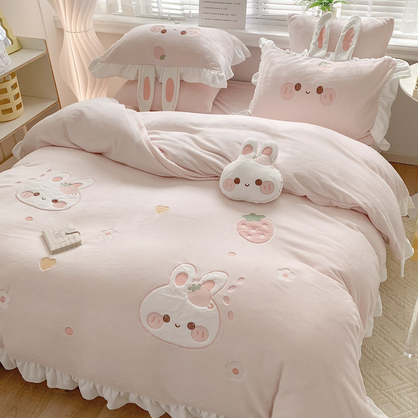 金喜鸟可爱卡通兔子牛奶绒毛绒四件套冬季保暖加厚儿童女孩公主风