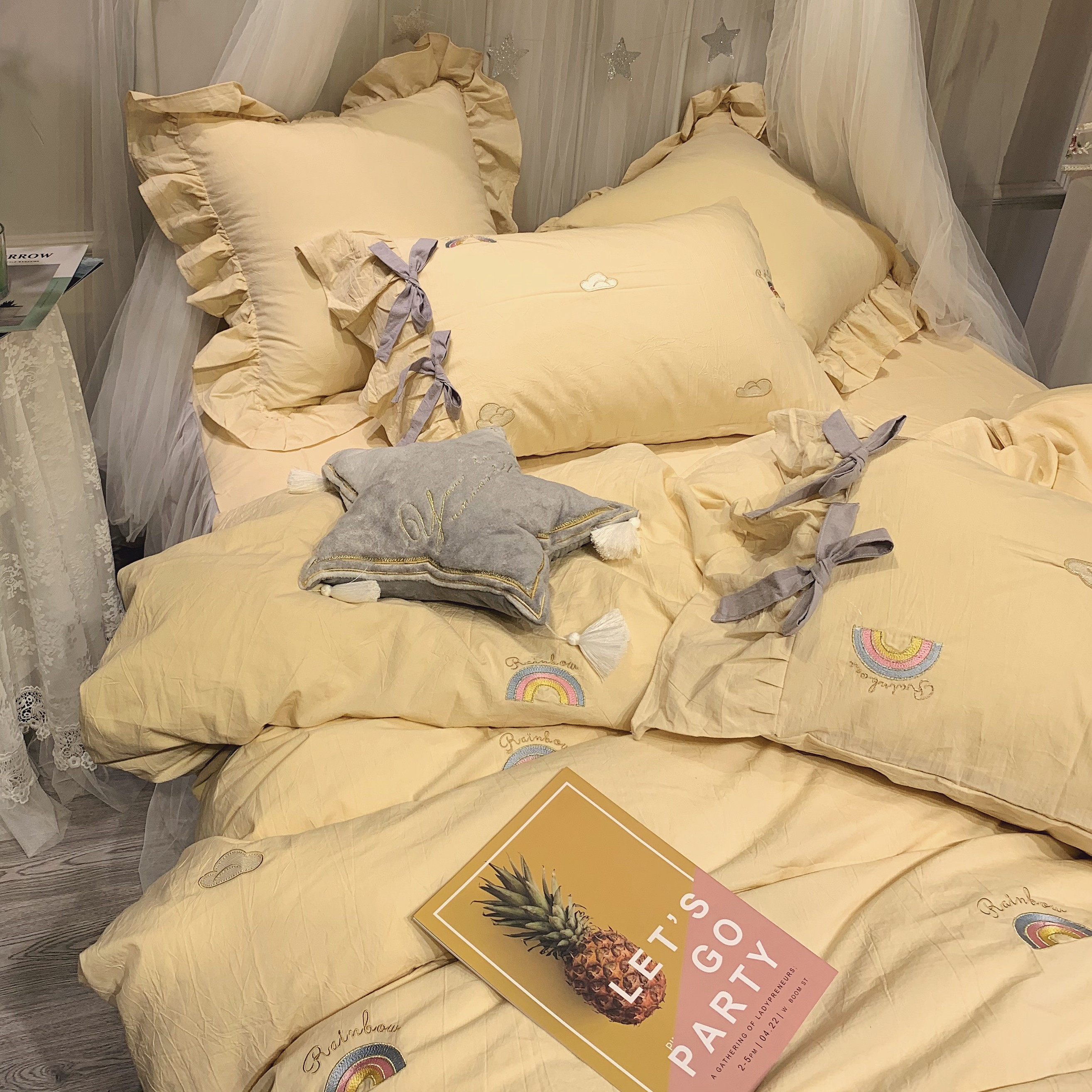 少女心黄色彩虹刺绣全棉水洗棉四件套韩式风蝴蝶结被套床裙款1.8m