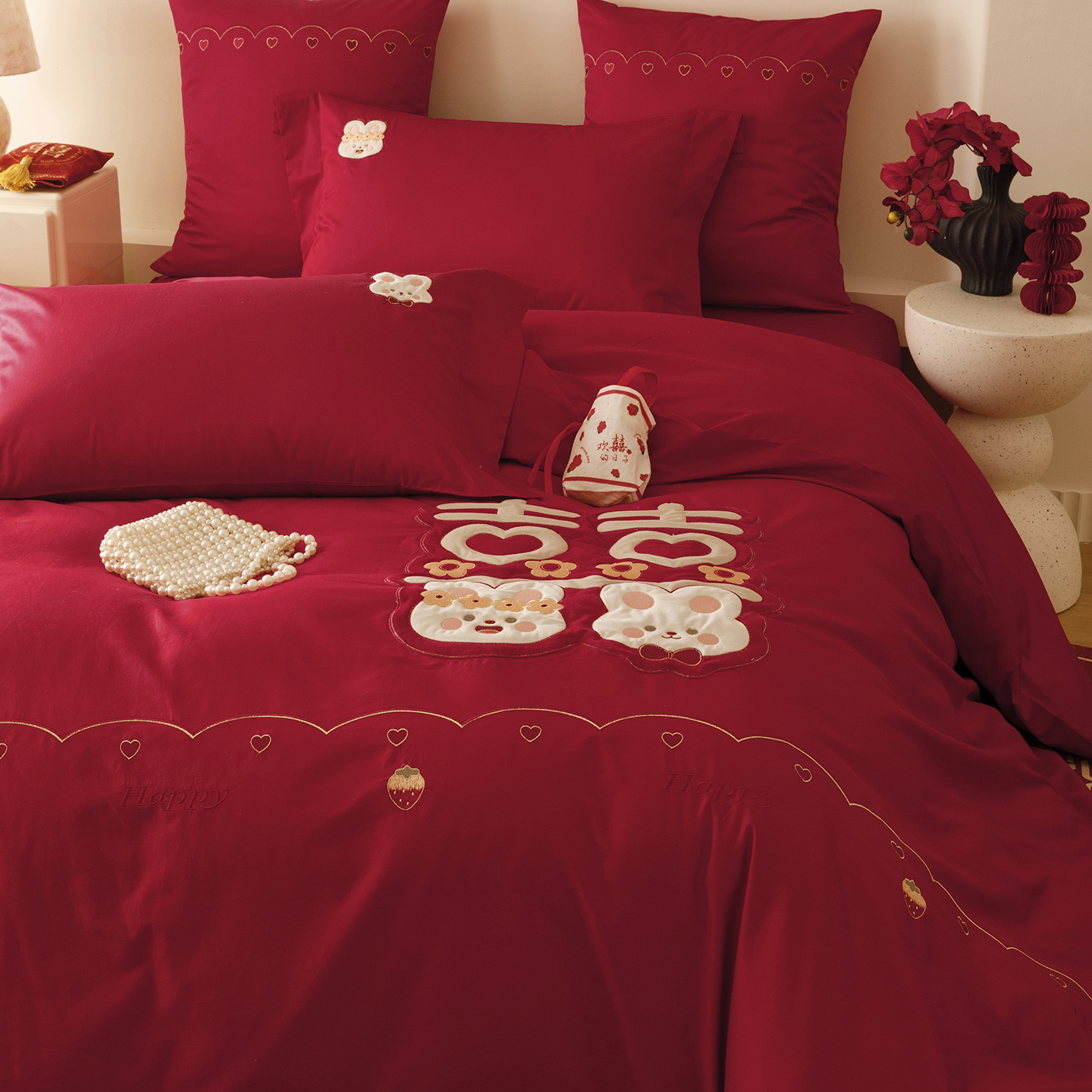 婚庆四件套全棉大红色被套100支