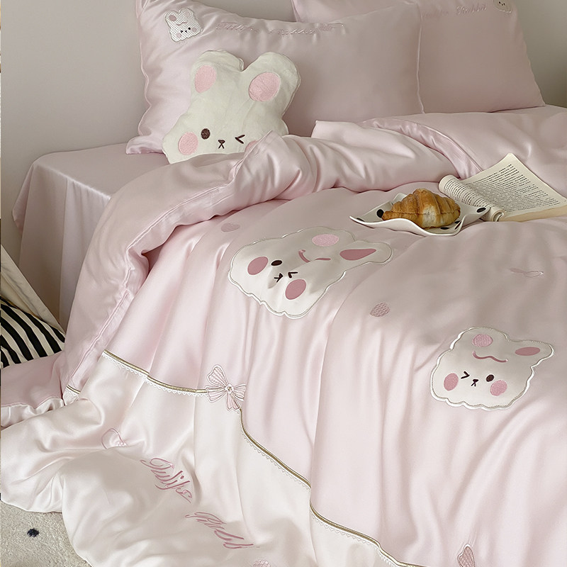 金喜鸟家纺少女心可爱小兔子80支冰丝四件套丝滑裸睡被套卡通床品