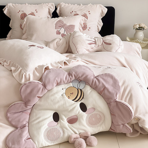 卡通立体太阳花牛奶绒四件套