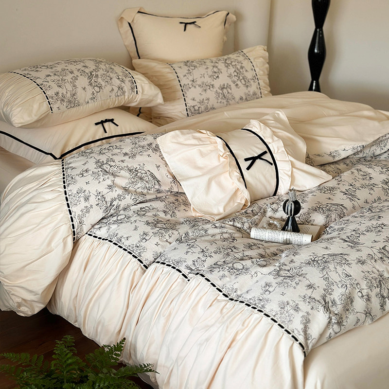 法式复古褶皱花卉公主风全棉磨毛纯棉四件套加厚秋冬季床上用品,床上用品,床品套件/四件套/多件套,淘宝优惠券,粉丝福利购,淘宝优惠卷