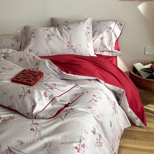 蔷薇中式婚礼年轻人结婚四件套全棉婚庆陪嫁喜被床上用品长绒棉