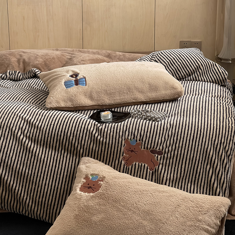 艺术条纹保暖兔兔绒四件套冬天珊瑚绒加厚保暖牛奶绒超柔床上用品