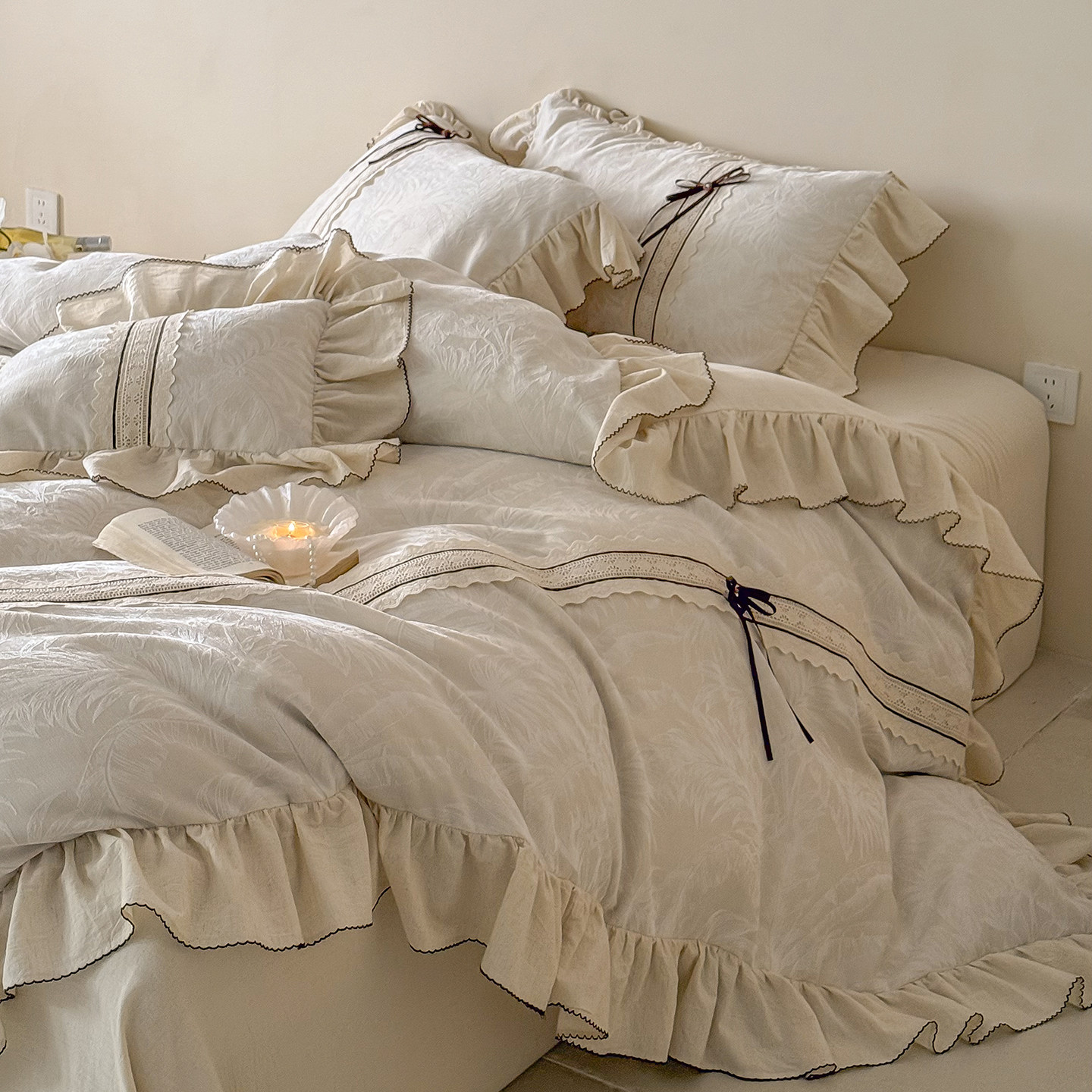 金喜鸟家纺法式甜美风女孩公主被套床单四件套纯棉全棉麻花边蕾丝