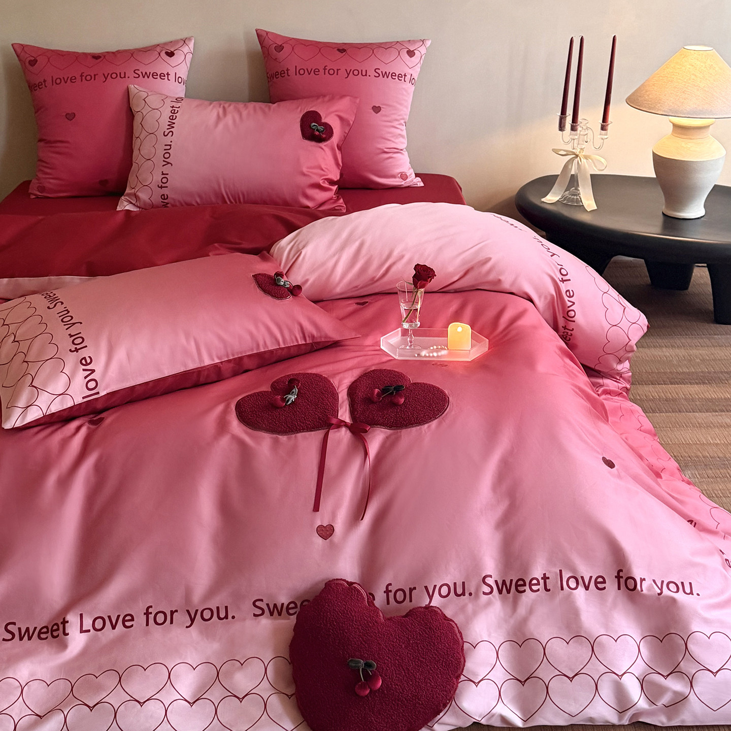 高端中式爱心刺绣年轻人婚礼婚庆床品四件套纯棉全棉结婚被套送礼,床上用品,婚庆床品套件,淘宝优惠券,粉丝福利购,淘宝优惠卷