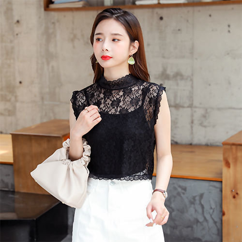 2023春季新款蕾丝百搭假领子打底衫女无袖修身内搭背心网纱