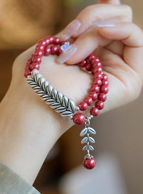 纯银麦穗原矿朱砂手链