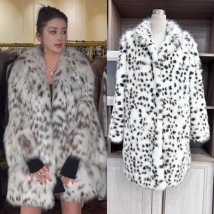 盈公主同款款山猫纹皮草立领外套保暖仿狐狸毛中长款豹纹大衣女