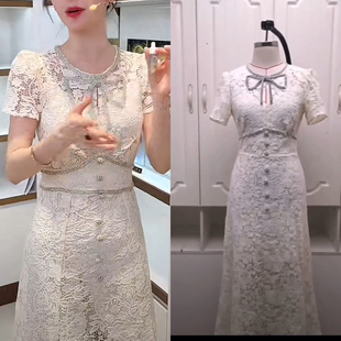 舒畅同款高端气质蕾丝连衣裙夏季新款女短袖蝴蝶结修身显瘦长裙