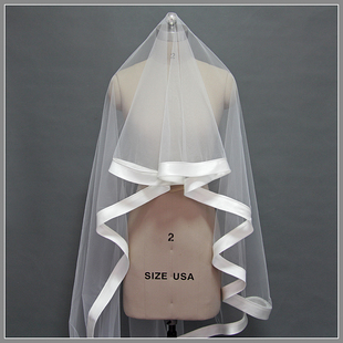 缎面包边头纱主婚纱长款单层盖头新娘短面纱结婚配饰婚纱配件定制