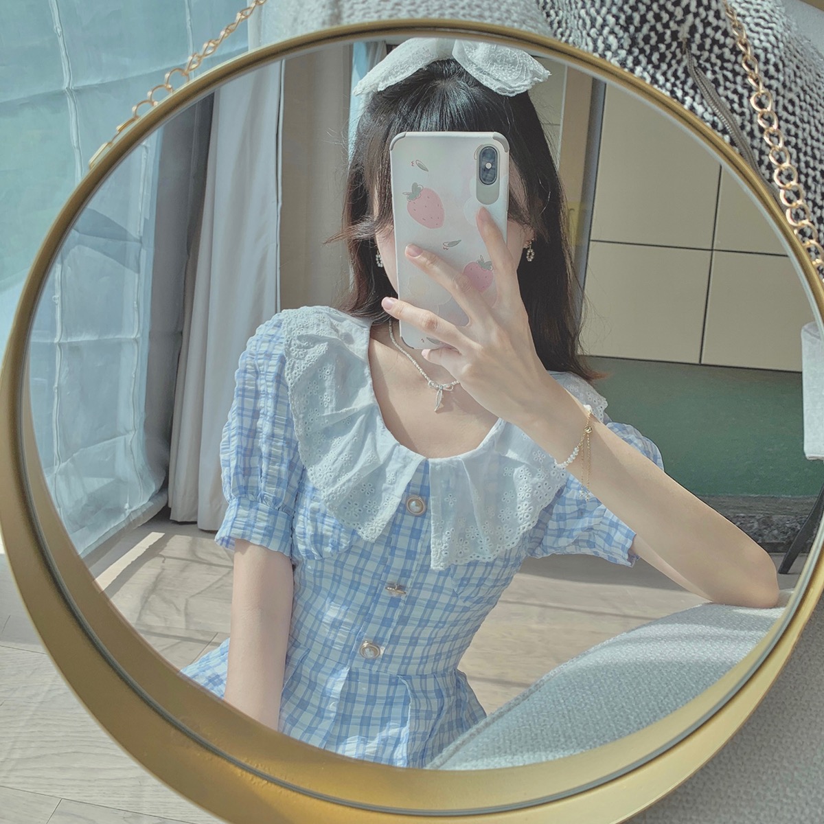 French minority Platycodon grandiflorum FAIRY DRESS 2021 New Retro waist slim Plaid bubble sleeve dress