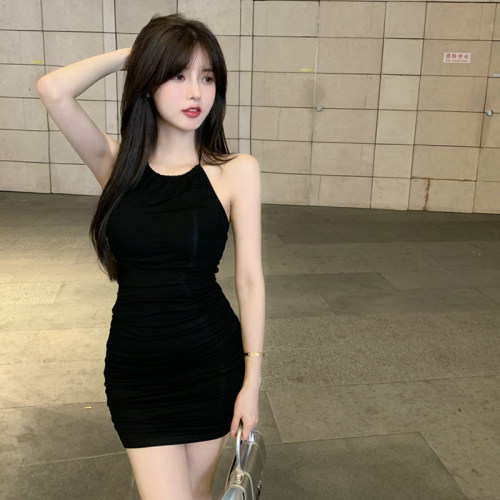 纯欲风辣妹连衣裙女夏黑色露背性感裙子2022新款内搭紧身包臀短裙