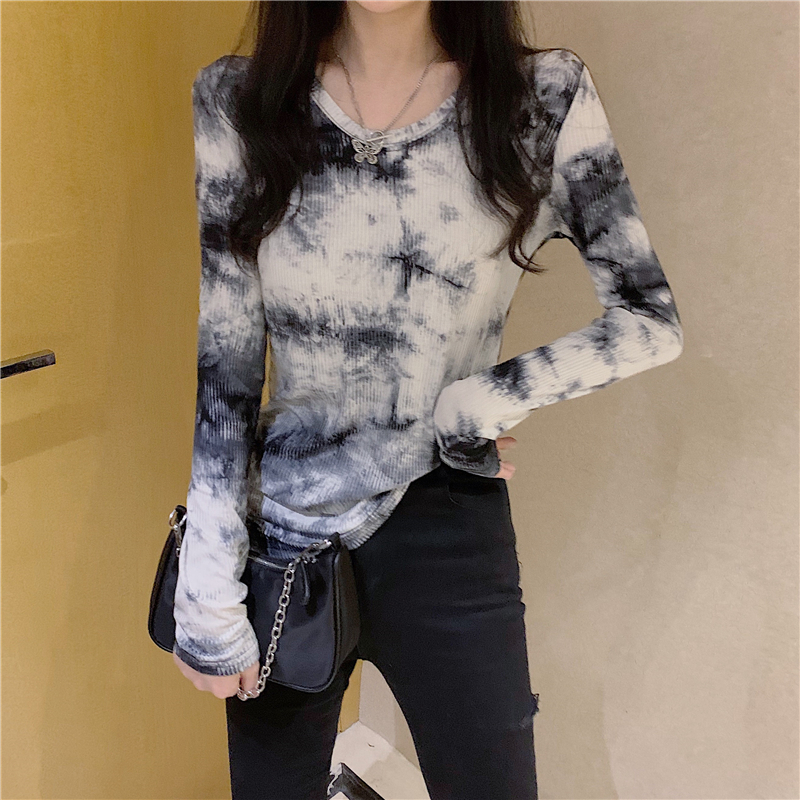 Real price gradient tie dyed long sleeve T-shirt with round neck